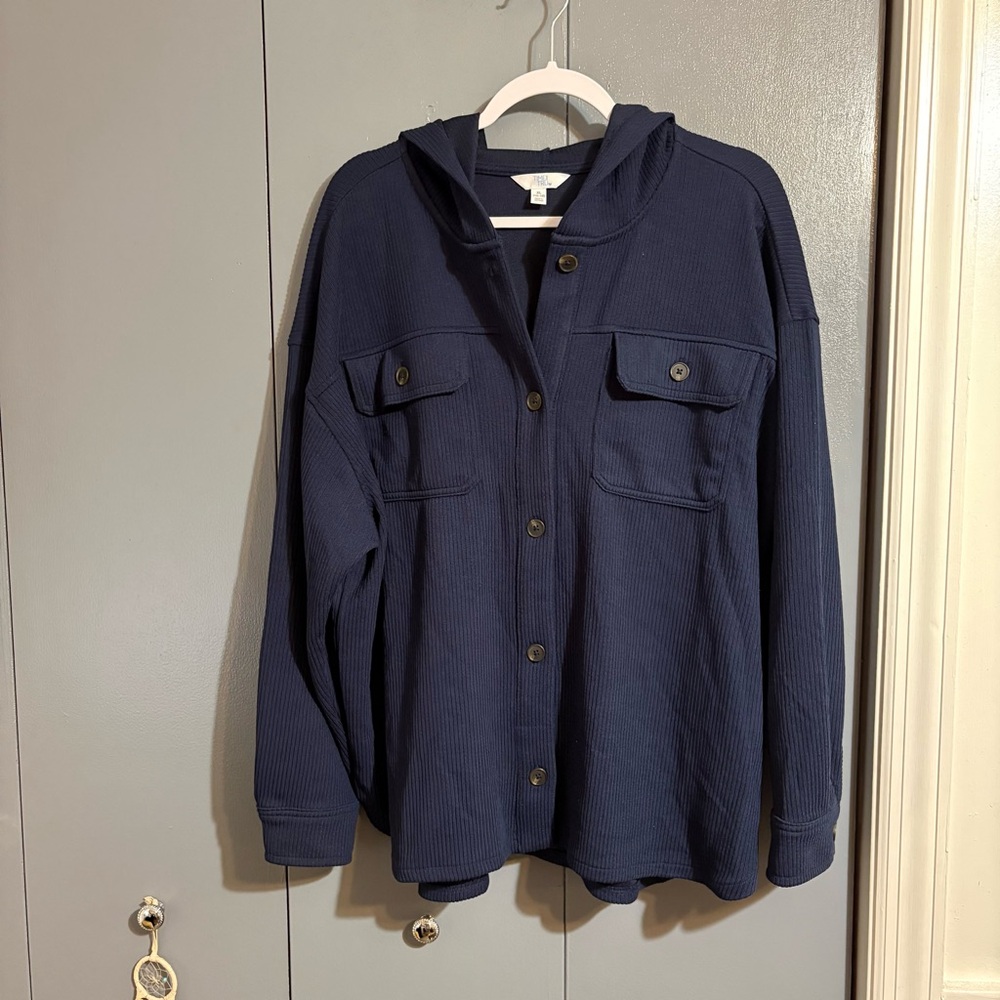 Time and Tru Navy Blue Hooded Button-Up Jacket